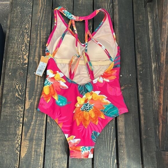 Kona Sol Women's Plus Size Strappy Back One Piece Swimsuit (Pink Floral) - Picture 15 of 15